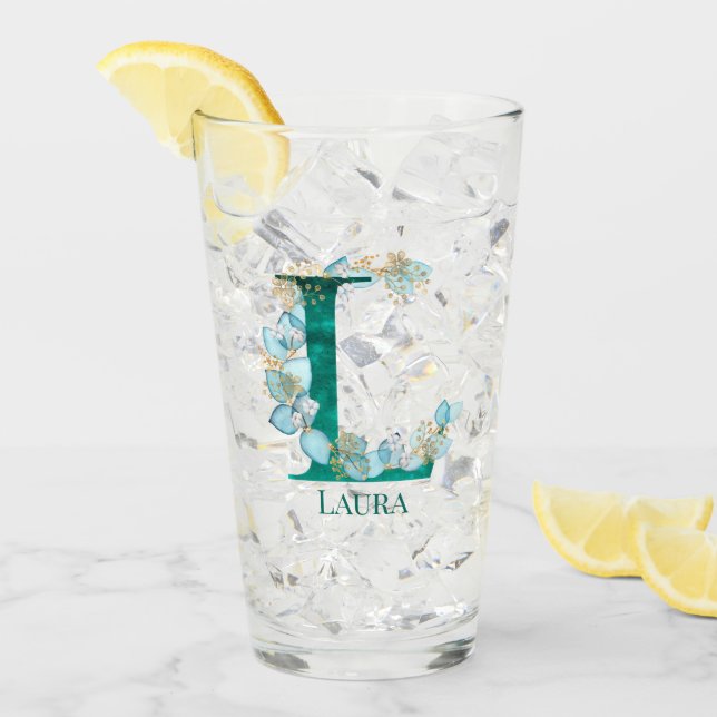 Watercolor Teal and Gold Monogram Letter L Glass (Front Ice)