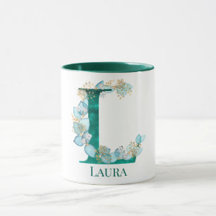 Watercolor Teal and Gold Monogram Letter L Mug