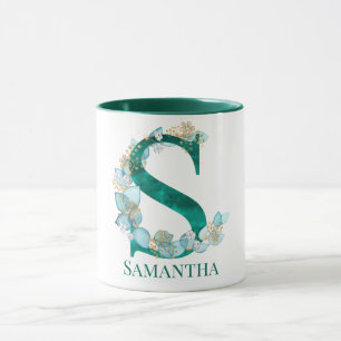 Watercolor Teal and Gold Monogram Letter S Mug