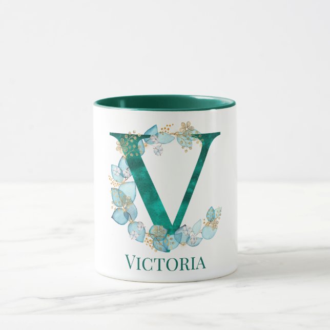 Watercolor Teal and Gold Monogram Letter V Mug (Center)