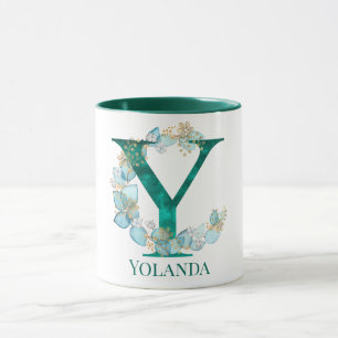 Watercolor Teal and Gold Monogram Letter Y Mug