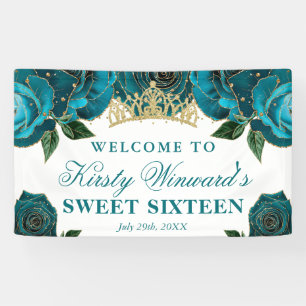 Watercolor Teal and Gold Roses Sweet Sixteen Banner