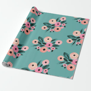 Watercolor Teal and Pink Floral Wrapping Paper