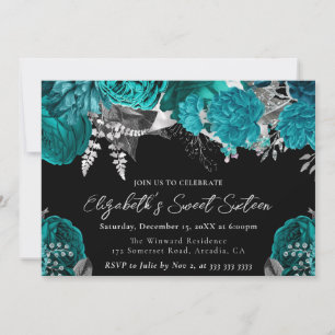 Watercolor Teal and Silver Roses Sweet Sixteen Invitation