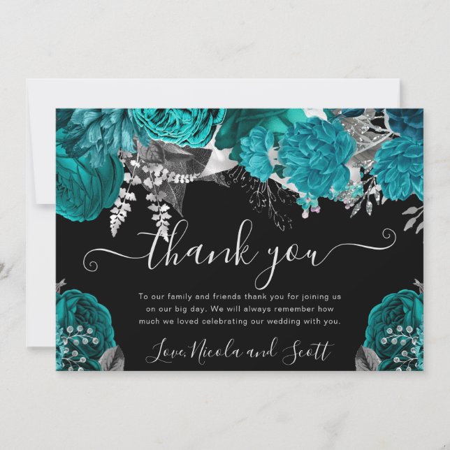 Watercolor Teal and Silver Roses Wedding Thank You Card (Front)