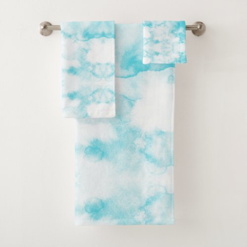 Watercolor teal blue abstract pattern bath towel set
