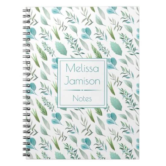 Watercolor Teal Blue and Green Leaves Monogram | Notebook
