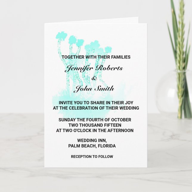 Watercolor Teal Blue Art Abstract Trees Wedding Invitation (Front)