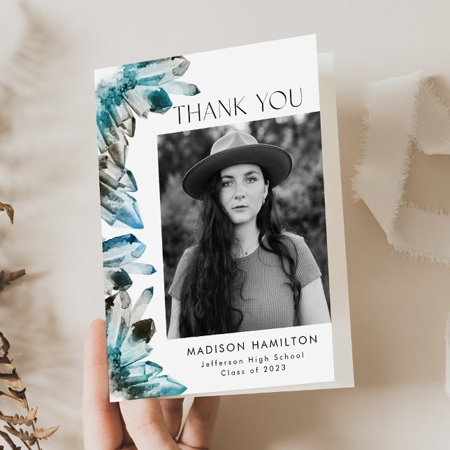 Watercolor Teal Blue Crystals Photo Graduation Thank You Card (Creator Uploaded)