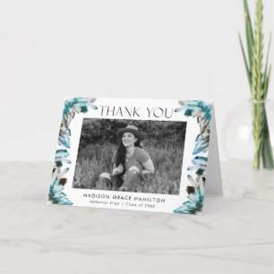 Watercolor Teal Blue Crystals Photo Graduation Thank You Card