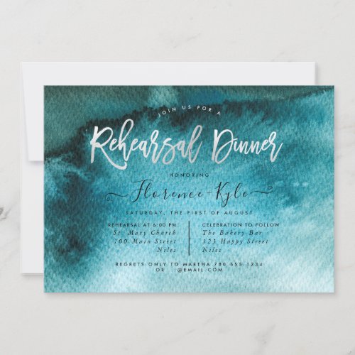 Watercolor Teal BlueFaux Silver Rehearsal Dinner Invitation