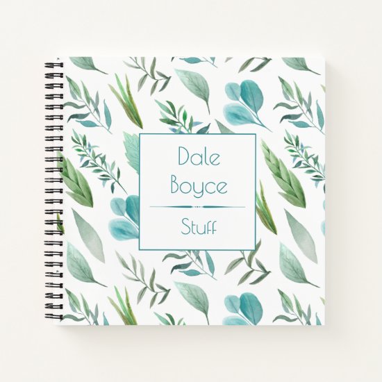 Watercolor Teal Blue Green Leaves Square Notebook