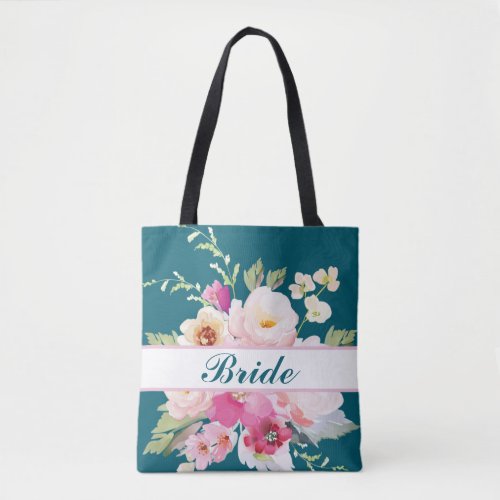 Watercolor Teal Blue Pink Floral Tote Bag