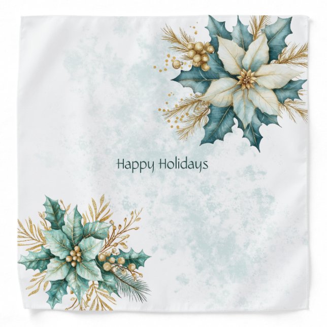 Watercolor Teal Floral Christmas Holiday Bandana (Front)