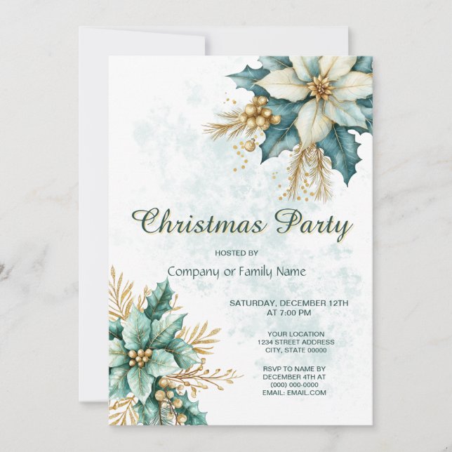Watercolor Teal Floral Christmas Party Invitation (Front)