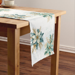 Watercolor Teal Floral Christmas Table Runner
