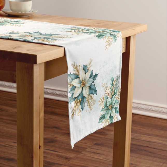 Watercolor Teal Floral Christmas Table Runner (In Situ)