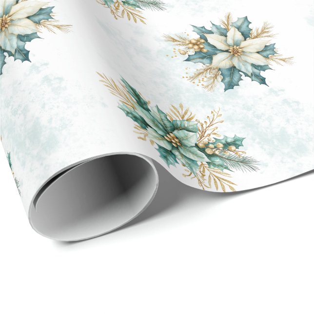 Watercolor Teal Floral Christmas Wrapping Paper (Roll Corner)