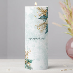 Watercolor Teal Floral Holiday Pillar Candle