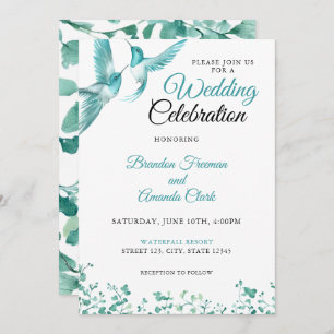 Watercolor Teal Floral Hummingbird Wedding Invitation