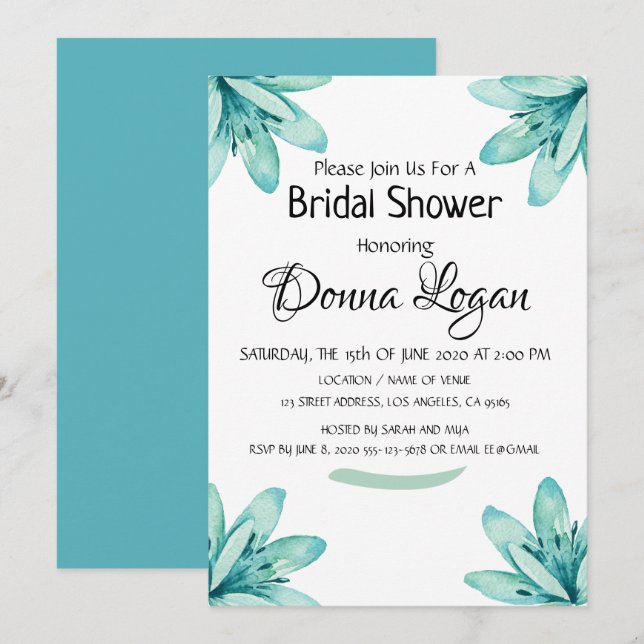 Watercolor Teal Floral Personalized Bridal Shower Invitation (Front/Back)