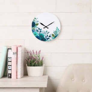 Watercolor Teal Floral Wall Clock - Silent Botanic