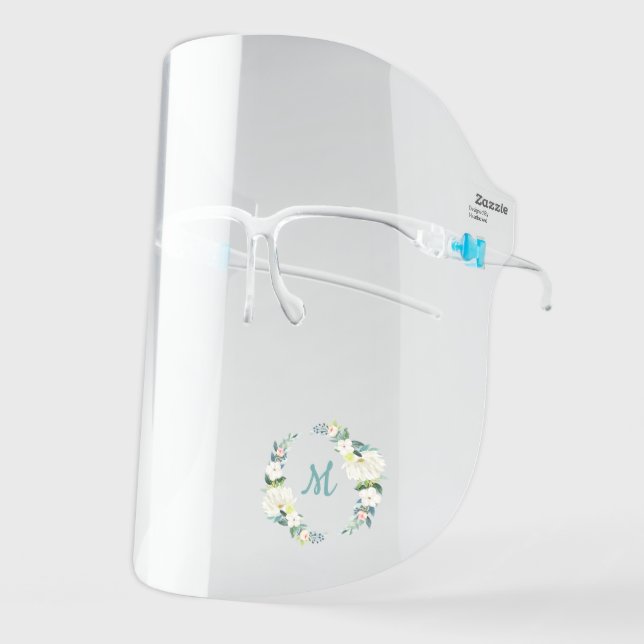 Watercolor Teal Floral Wreath Monogrammed Face Shield (Front Left)