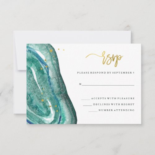 Watercolor Teal Geode and Faux Gold Wedding RSVP