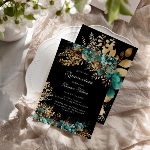 Watercolor Teal Gold Floral Quinceanera Invitation