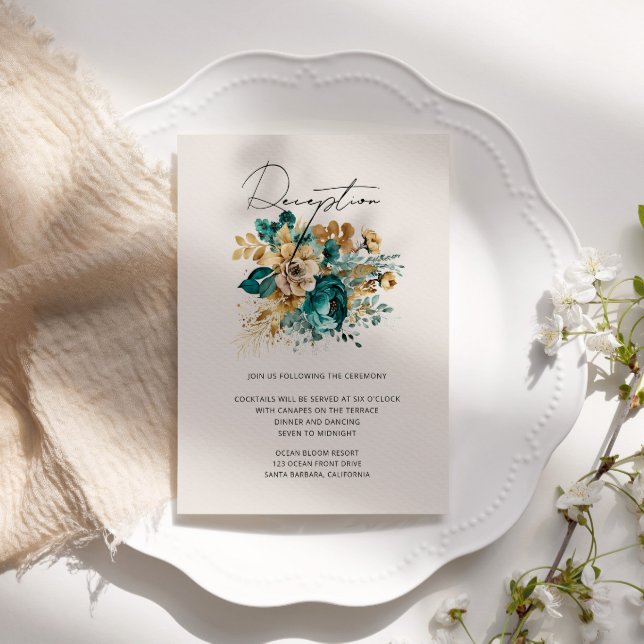 Watercolor Teal Gold Floral Reception Enclosure Card (Creator Uploaded)