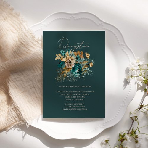 Watercolor Teal Gold Floral Reception Enclosure Card