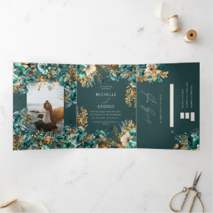 Watercolor Teal Gold Floral Tri-Fold Invitation