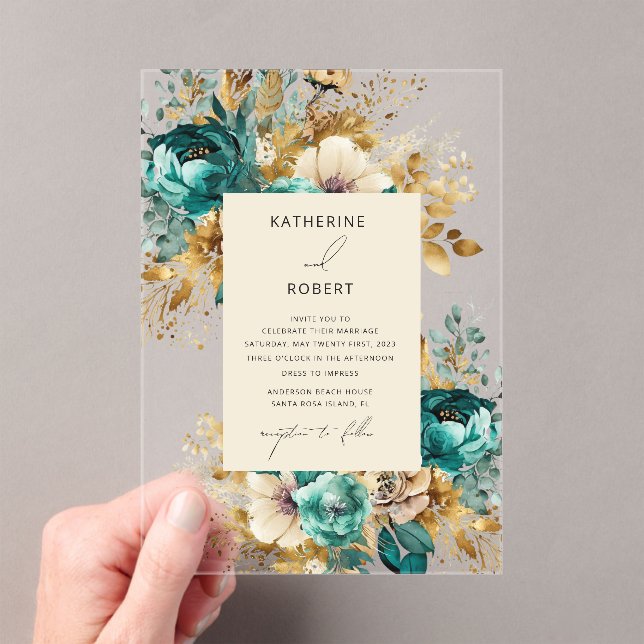 Watercolor Teal Gold Floral Wedding Acrylic Invitations (Insitu (Handheld))