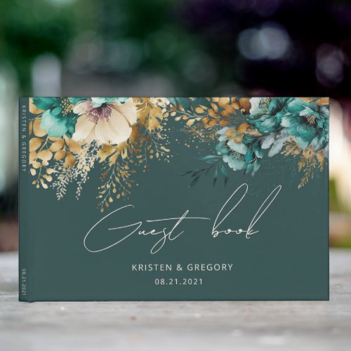 Watercolor Teal Gold Floral Wedding Guest Book