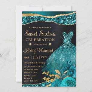 Watercolor Teal & Gold Glitter Dress Sweet Sixteen Invitation