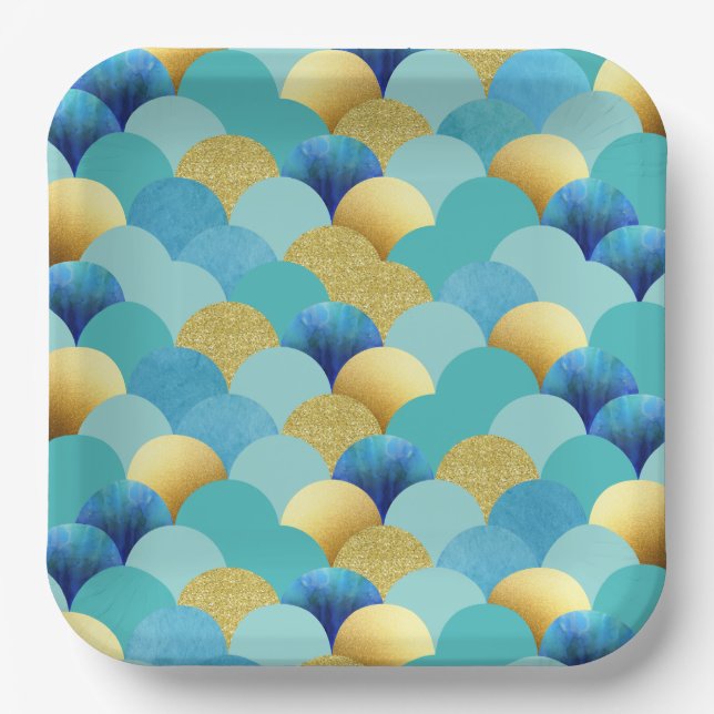 Watercolor Teal Gold Glitter Mermaid Paper Plates (Front)