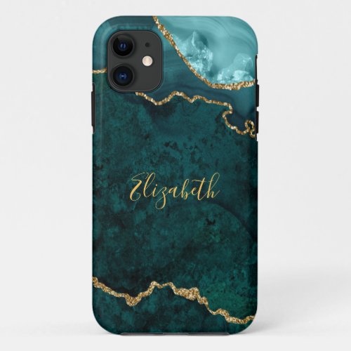 Watercolor Teal Gold Marble Agate Geode iPhone 11 Case