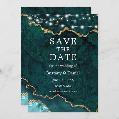 Watercolor Teal Gold Marble Agate Geode Lights Save The Date