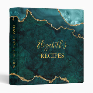 Watercolor Teal Gold Marble Agate Geode Recipe 3 Ring Binder