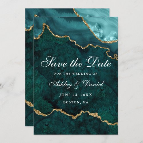 Watercolor Teal Gold Marble Agate Geode Save The Date