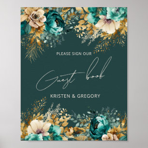 Watercolor Teal Gold Wedding Guest Book Poster