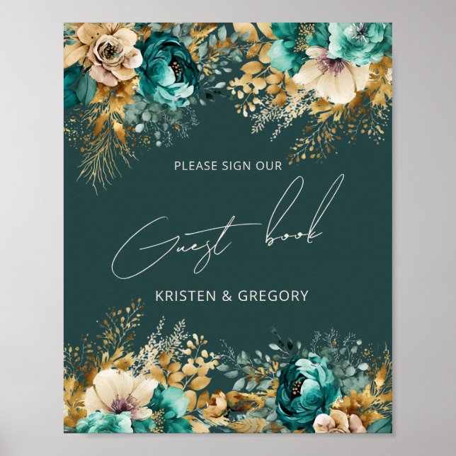 Watercolor Teal Gold Wedding Guest Book Poster (Front)