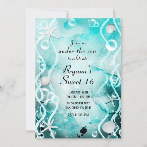 Watercolor Teal Ink Splash Under the Sea Sweet 16  Invitation