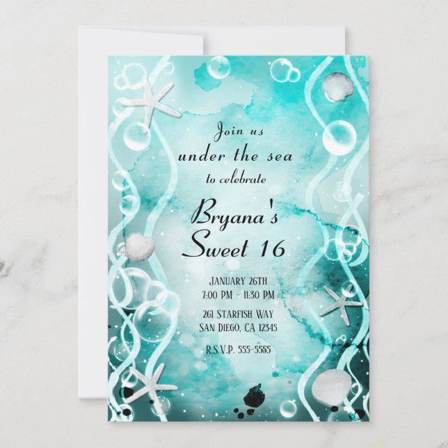 Watercolor Teal Ink Splash Under the Sea Sweet 16  Invitation (Front)