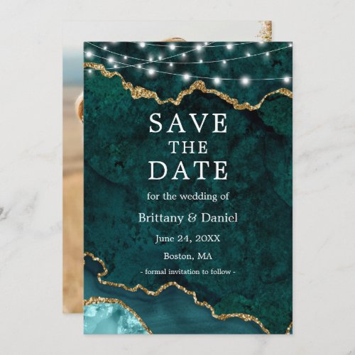 Watercolor Teal Marble Agate Geode Lights Photo Save The Date
