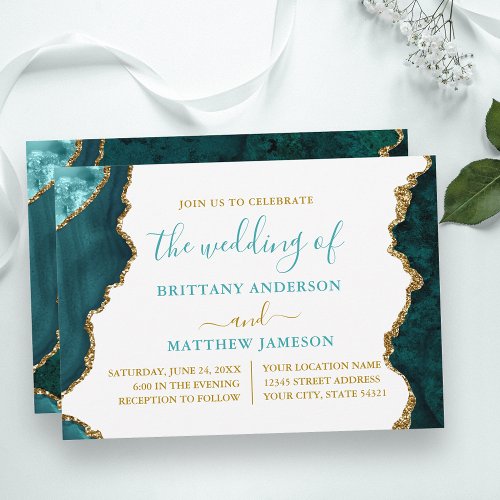 Watercolor Teal Marble and Gold Wedding Invitation