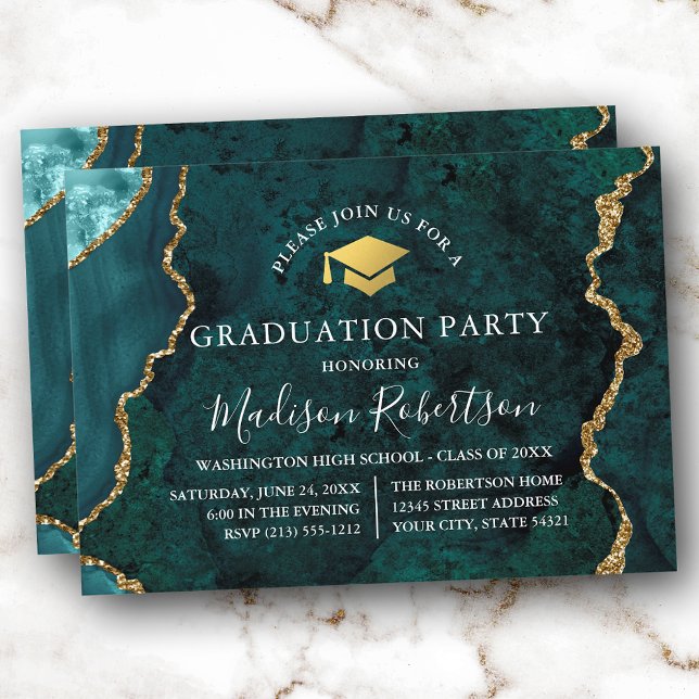 Watercolor Teal Marble Gold Cap Grad Party Invitation (Customize to add text or a photo to back of card.)