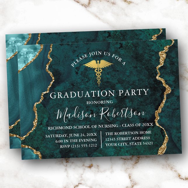 Watercolor Teal Marble Gold Medical Grad Party Invitation (Customize to add text or a photo to back of card.)