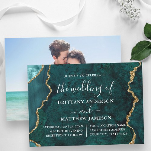 Watercolor Teal Marble Gold Photo Wedding Invitation
