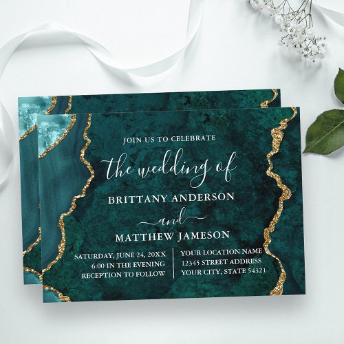 Watercolor Teal Marble Gold Wedding Invitation